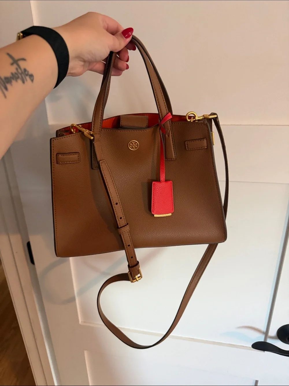 Tory Burch Brown Leather Satchel with Red Tag Accent